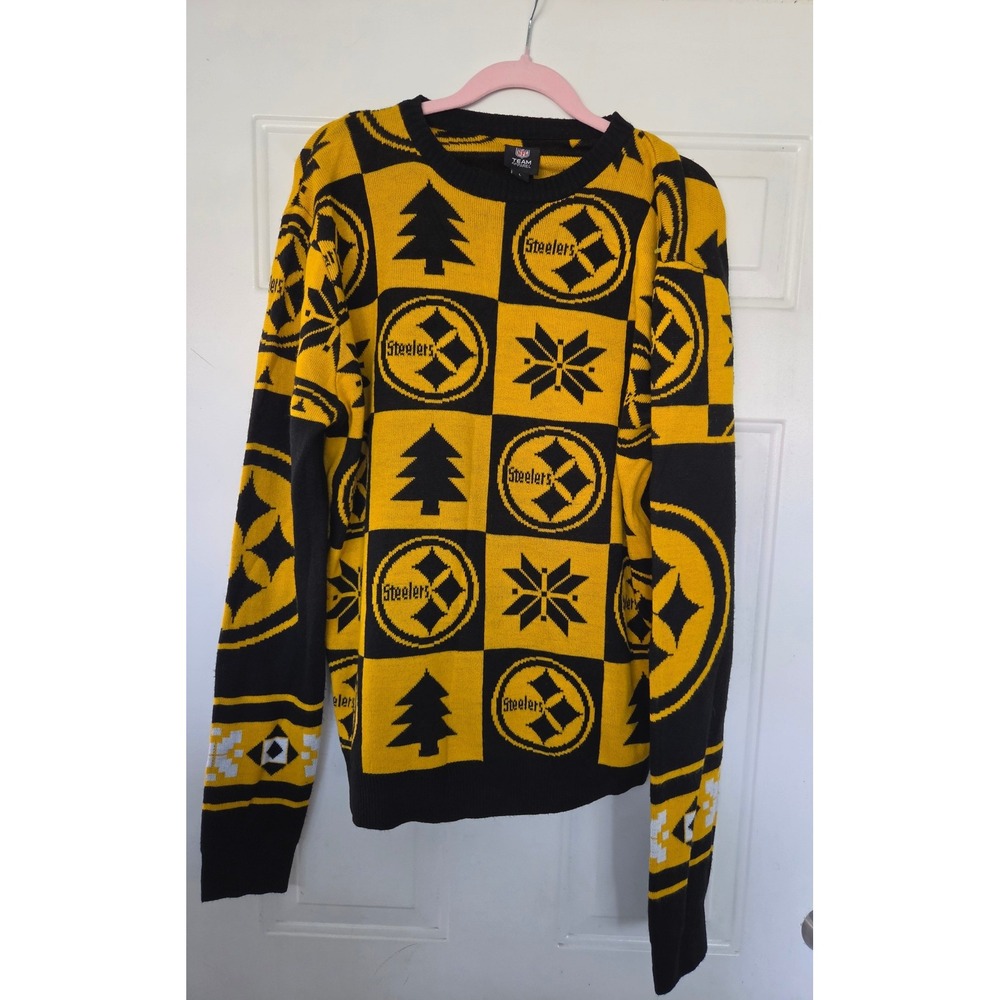 NFL Team Apparel Pittsburgh Steelers Mens Yellow Black Holiday Sweater Large
